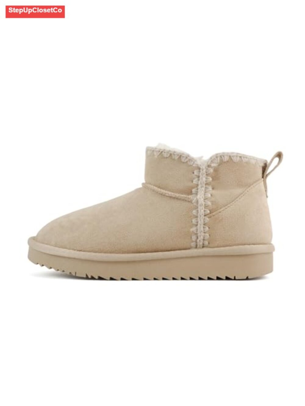 Women Round Toe Lug Sole Low Flatform Sherpa-Lined Ankle Bootie Stitch Detail